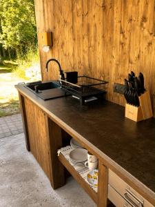 a kitchen with a sink and a counter top at A Tiny House Near The Beach in Pērkone