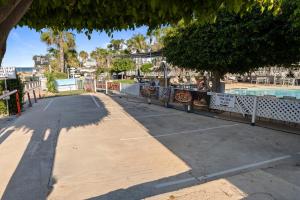a sidewalk next to a swimming pool with a tree at WAKE UP BY THE SEA BEACHFRONT FLATS - Protaras in Protaras