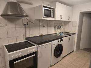 a kitchen with a washing machine and a microwave at Green House in Haibach