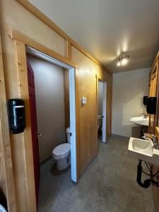 a bathroom with a toilet and a sink at The Bunkhouse in Dawson City