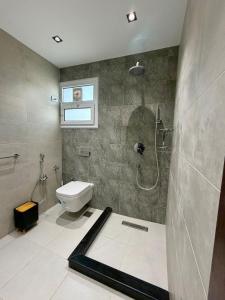 a bathroom with a shower and a toilet and a sink at Retaj Waterfront Penthouse in Port Said +32 photos