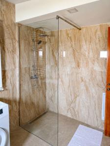 a shower with a glass door in a bathroom at Grahovo Mountain Chalet in Grahovo +14 photos