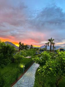 a brick pathway with palm trees and a sunset at Vila Summer Depo in Sarandë
