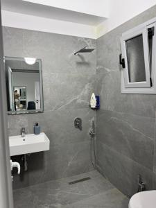 a bathroom with a shower and a sink and a mirror at Nivro in Delvinë