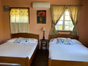 two twin beds in a room with a window at The Village Inn in Placencia