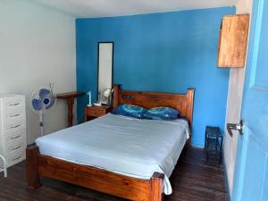 a bedroom with a wooden bed with a blue wall at Casa Azul by Silvia Sàmara in Nicoya