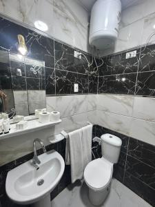 a black and white bathroom with a toilet and a sink at Casa pyramids hotel in Cairo +26 photos
