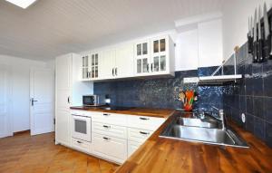 a kitchen with white cabinets and a stainless steel sink at Imprenable Villa Piscine in Taulis
