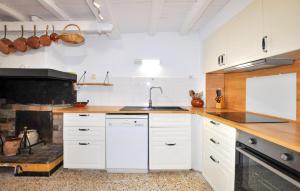 a kitchen with white cabinets and a sink and a fireplace at Authentique Villa Piscine in Taulis +15 photos