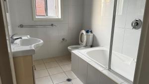 a bathroom with a sink and a toilet and a shower at Main road apartment in Sydney