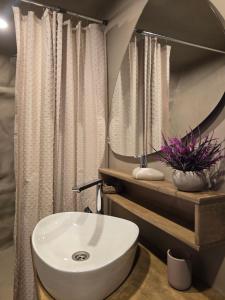 a bathroom with a white sink and a mirror at Mullimaja in Treimani