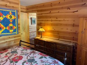 a bedroom with a bed and a lamp in a cabin at Beautiful Sierra Mountain Cabin in Springville