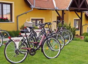 un grupo de bicicletas estacionadas frente a una casa en Huber Panzió, en Fertőrákos