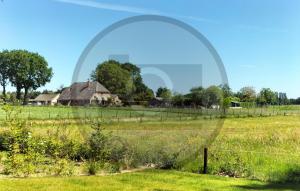 an empty field with a farm house in the background at Tiny House 10 Met Hottub in Wenum