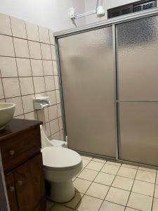 a bathroom with a shower and a toilet and a sink at Casa Eliza in Alajuela +63 photos