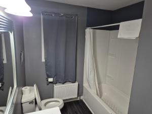 a bathroom with a white toilet and a shower at Park Side Motel in Peterborough