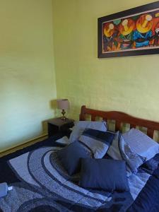 a bedroom with a bed with blue sheets and pillows at Cielo Serrano VCP in Villa Carlos Paz