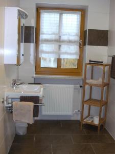 baño con lavabo y aseo y ventana en Ferienwohnungen Malz, en Blaibach