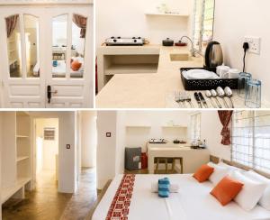 two pictures of a room with a bed and a kitchen at Hide Away Villa in Watamu