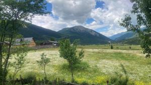 a field of grass with mountains in the background at noras guesthauze 2026 in Zhabeshi