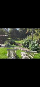 two wooden chairs and a picnic table in a park at Stellplatz für VAN & Wohnmobile in Carpin