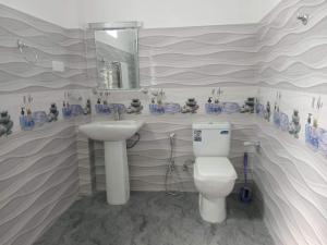 a bathroom with a sink and a toilet and a mirror at NIVRA Homestay in Kumbalwela