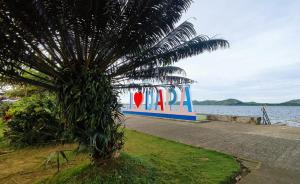 a palm tree next to a bus stop next to the water at TDGuestRoom Siargao in Dapa
