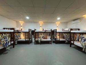 a room with rows of bunk beds in it at Moonlight surf hostel in Arugam Bay