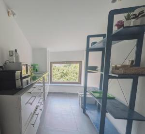 a kitchen with a blue shelf and a window at Il quadrifoglio in Serino