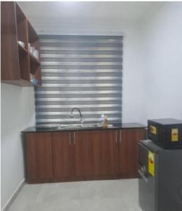 a kitchen with a sink and a microwave at Meg place in Amamoli +20 photos