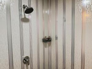 a shower with striped walls in a bathroom at Bhuana Agung Villa and Restaurant in Jatiluwih