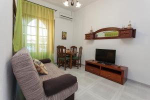 sala de estar con sofá y TV de pantalla plana en Extrenatura Alojamiento Apartments, en Villafranca de los Barros