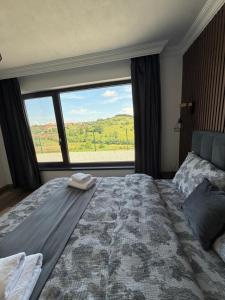 a bedroom with a large bed with a large window at Cindrel Chalet Jina in Jina