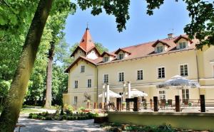 a large white building with a large roof at Pałac Kobylin in Kobylin