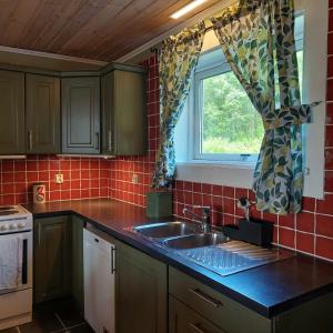 a kitchen with a sink and a window at Villa Bearcorner in Härbyste