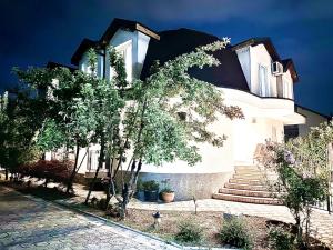 a white house with stairs and trees in front of it at Royal Sun Villa in Sarajevo