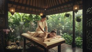 Ein Mann und eine Frau liegen auf einem Bett. in der Unterkunft Define Spa in Panvel