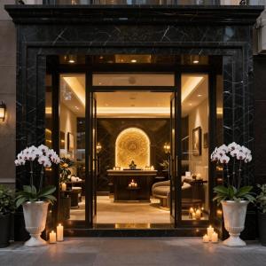 eine Lobby mit einer großen Glastür und einem Tisch in der Unterkunft Define Spa in Panvel