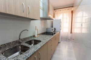 La cuisine est équipée d'un évier et d'un réfrigérateur. dans l'établissement Extrenatura Alojamiento Apartments, à Villafranca de los Barros