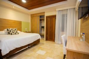 a bedroom with a bed and a desk and a television at Hotel Faranda Guayacanes, a member of Radisson Individuals in Chitré