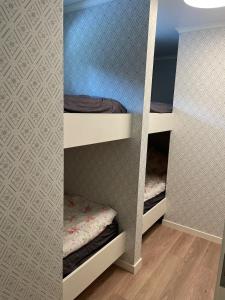 two bunk beds in a room with a wall with wallpaper at Idyllic cottage with lake view with 11 beds in Ludvika