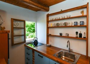 a kitchen with a sink and wooden counter top at Kuća za odmor Josipa in Klanjec