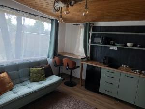 a living room with a couch and a kitchen at Sóz-Lak in Mezőcsát