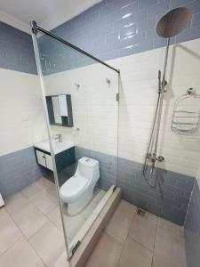 a bathroom with a toilet and a glass shower stall at Teiman Apartments in Teiman +2 photos