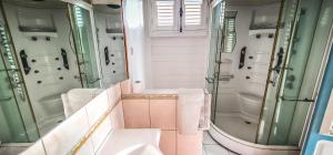 a bathroom with a shower and a sink and a mirror at Villa bougainvillier in Les Trois-Îlets +80 photos