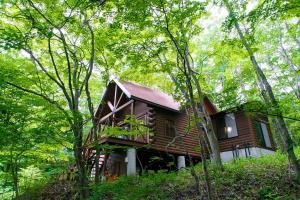 a small wooden house in the middle of trees at ログハウス那須ハイグランド in Nasu