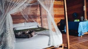 a bedroom with a bed with a mosquito net at BRIGHT Guest Hause in Besir
