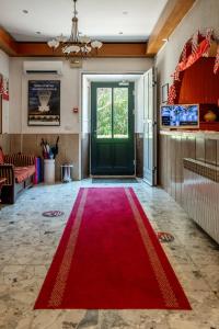a red carpet in a hallway with a green door at The Old Town Hostel-Villa Gradac in Dubrovnik