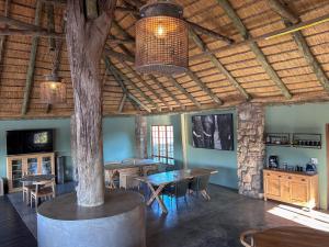 a dining room with a table and a tree in it at Tzamenkomst River Lodge in Colesberg