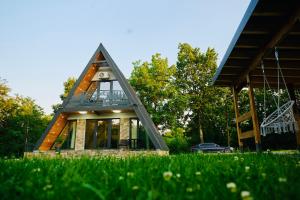 a house with a triangular roof in the grass at A Frame Poalele Transalpinei in Novaci-Străini